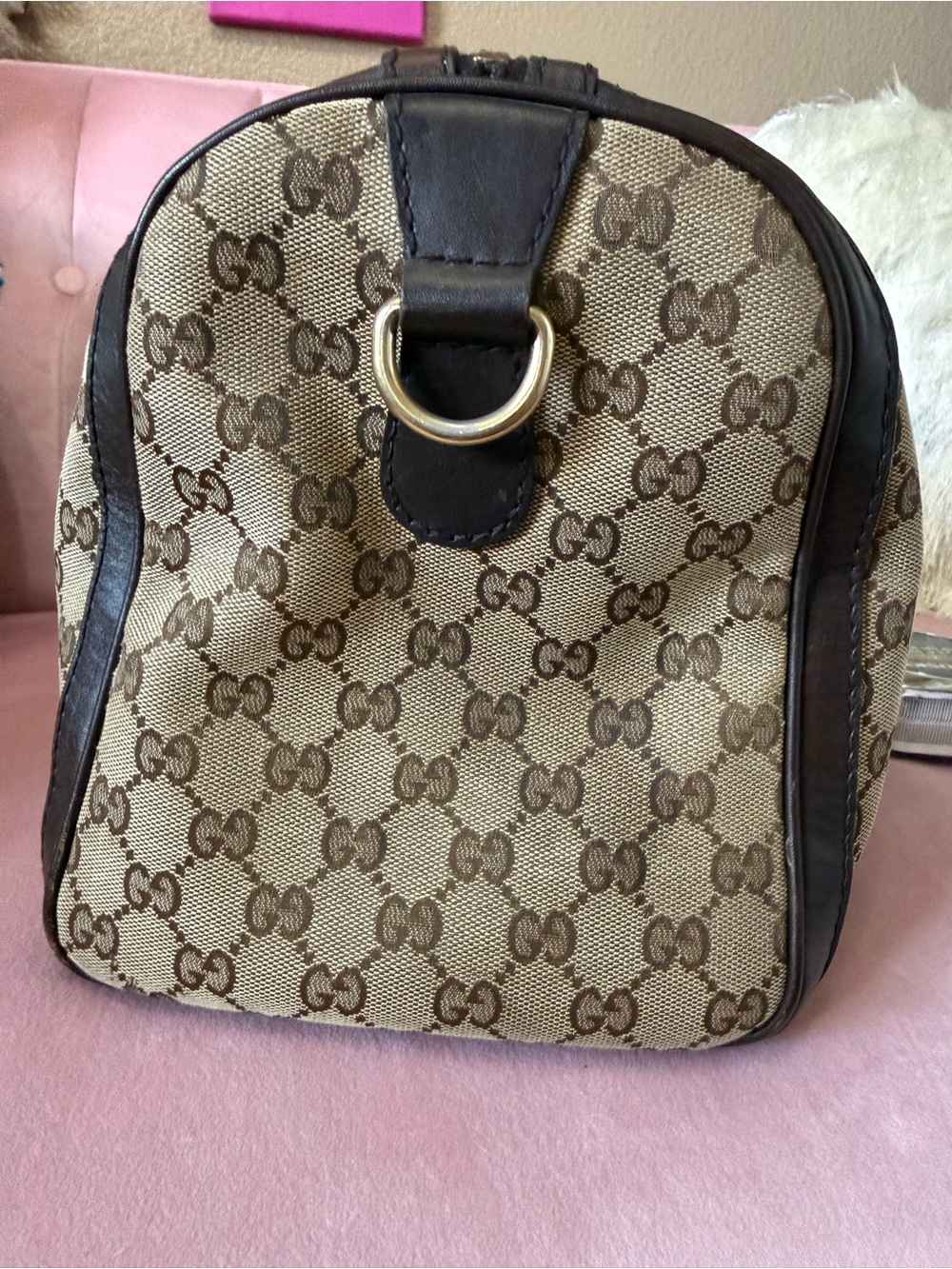 💯Auth! GUCCI Mono Canvas Boston Bag Green & Red Web Sherry Stripe Gold Hardware - Picture 17 of 17